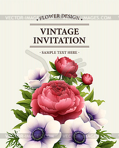 Greeting card with anemone and peony flower - vector image