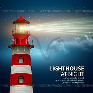 Realistic lighthouse in night sky background - vector image