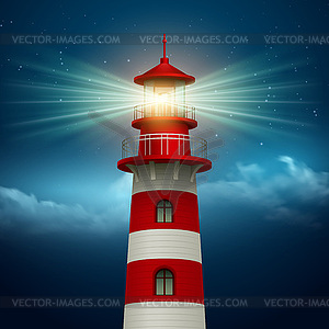 Realistic lighthouse in night sky background - vector clipart