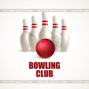 Red bowling ball and white skittles - vector clip art