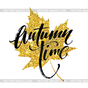 Autumn hand written lettering. Golden, black and - vector clip art