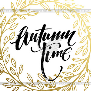 Autumn hand written lettering. Golden, black and - vector image