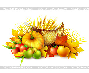 Рог изобилия благодарения полон урожая фруктов и - векторизованный клипарт