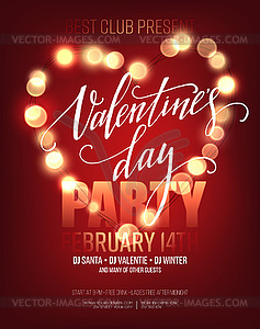 Valentines day Party poster with bright lights - vector image