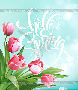 Hello Spring hand Lettering with tulip flower - vector image