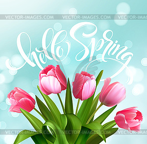 Hello Spring hand Lettering with tulip flower - vector clipart