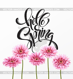 Gerbera Flower Background and Hello Spring Lettering - vector clipart