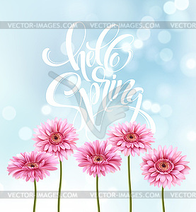 Gerbera Flower Background and Hello Spring Lettering - vector image