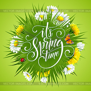 Spring Hand Lettering on background with flowers - vector clipart