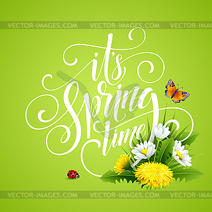 Spring Hand Lettering on background with flowers - vector image