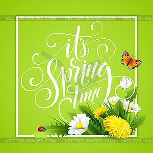 Spring Hand Lettering on background with flowers - vector clipart