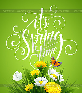 Spring Hand Lettering on background with flowers - vector clip art