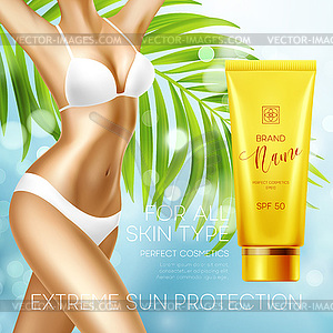 Sun protection cosmetic products design template - vector image