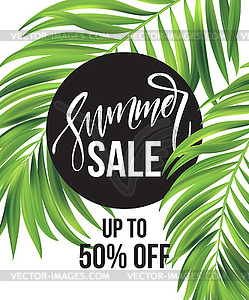 Sale banner, poster with palm leaves, jungle leaf - color vector clipart