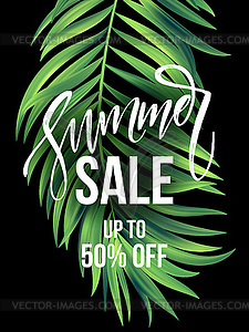 Sale banner, poster with palm leaves, jungle leaf - vector clip art