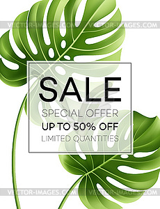 Sale banner or poster with palm leaves and jungle - vector image