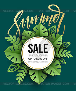 Summer sale poster. Tropical Leaf. Paper cut style - vector clip art