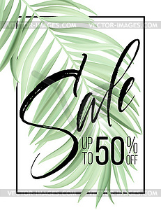 Sale banner, poster with palm leaves, jungle leaf - vector image