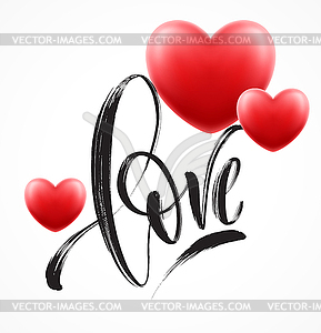 Love word lettering with red heart - vector image