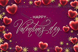 Happy valentines day lettering with red hearts - vector clipart