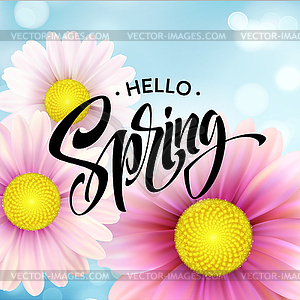 Daisy Flower Background and Hello Spring Lettering - vector clipart