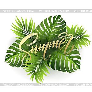 Summer lettering on palm leaf background - vector clip art