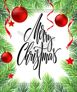 Merry Christmas lettering in fir-tree branches frame - royalty-free vector clipart