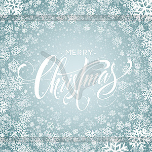 Merry Christmas lettering in snowflakes frame - vector image