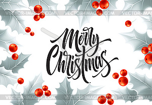 Merry Christmas lettering in silver mistletoe frame - vector image