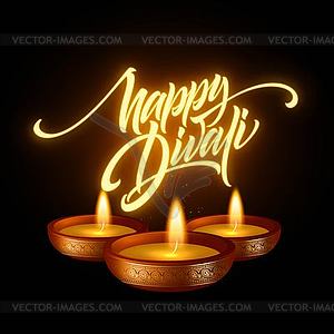 Happy Diwali festival of lights. Retro oil lamp on - vector image