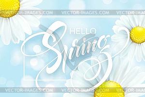 Daisy Flower Background and Hello Spring Lettering - vector EPS clipart