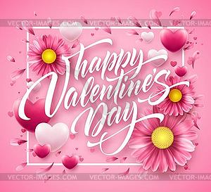 Valentines Day Lettering on Flower Background - vector image