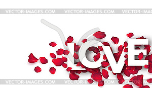 Paper cut word Love on backdrop of rose petals. - vector image