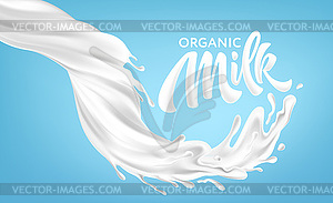 Реалистичные брызги молока на синем фоне. - векторный клипарт EPS