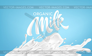 Реалистичные брызги молока на синем фоне. - векторное изображение клипарта