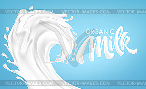 Realistic splashes of milk on blue background. - vector image