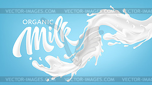 Реалистичные брызги молока на синем фоне. - иллюстрация в векторном формате