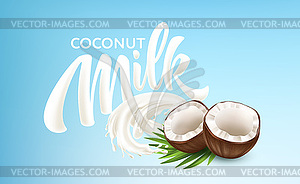 Realistic Bursts of Milk and Coconuts on Blue - vector clip art