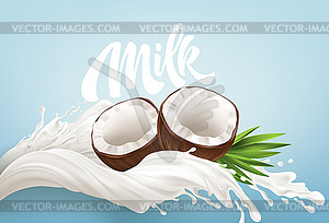 Realistic Bursts of Milk and Coconuts on Blue - vector clipart