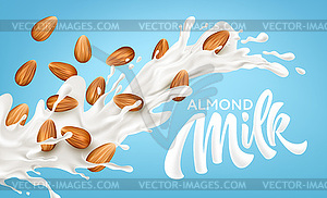 Realistic splash of almond milk on blue - vector clipart