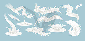 Набор реалистичных брызг молока на синем - векторный рисунок