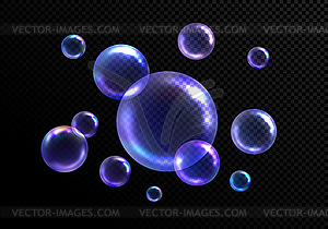 Realistic soap bubbles on black transparent - vector image