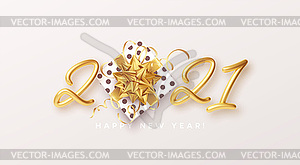 Gold realistic metallic text 2021 with gift box - vector clipart