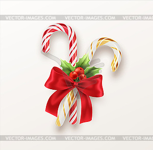 Realistic Xmas candy cane with red bow and sprig - vector image