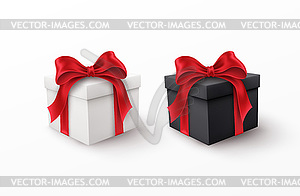 White and Black gift box with red silk bow  - vector image