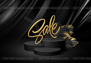 3d realistic black pedestal on black silk backgroun - royalty-free vector image