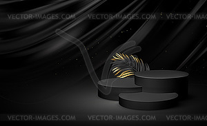 3d realistic black pedestal on black silk backgroun - vector clip art