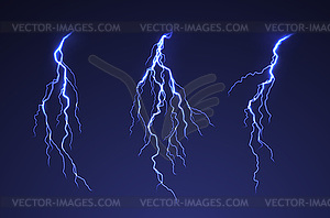 Lightning thunderstorm on dark background. Blue - vector image