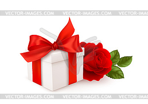 Realistic white gift box with red bow ribbon and re - vector clip art