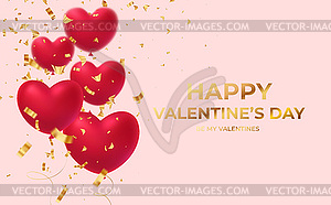 Red glittering heart shape balloons with gold - vector clipart